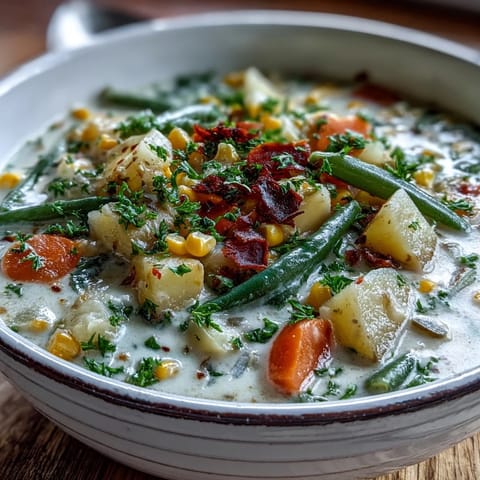 A pot of Amish Snow Day Soup simmers on the stove, filled with tender carrots, potatoes, and corn in a creamy broth.