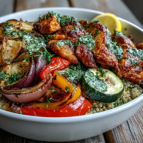 A close-up of the Paprika Herb Chicken Roasted Vegetable Quinoa Bowl, featuring tender sliced chicken and vibrant, golden-brown vegetables atop fluffy quinoa, ready to serve.