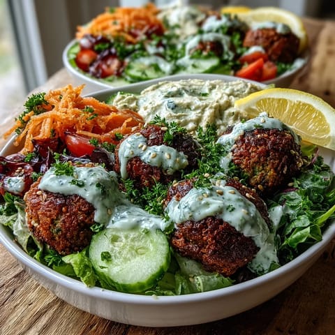 Golden-brown falafel balls nestled in a colorful bowl with cherry tomatoes, cucumbers, and a rich tahini drizzle over greens.