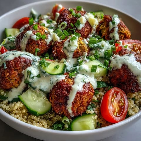 Golden baked falafel patties rest atop fluffy quinoa salad with diced cucumber, cherry tomatoes, and green onions, drizzled with creamy garlic tahini sauce.