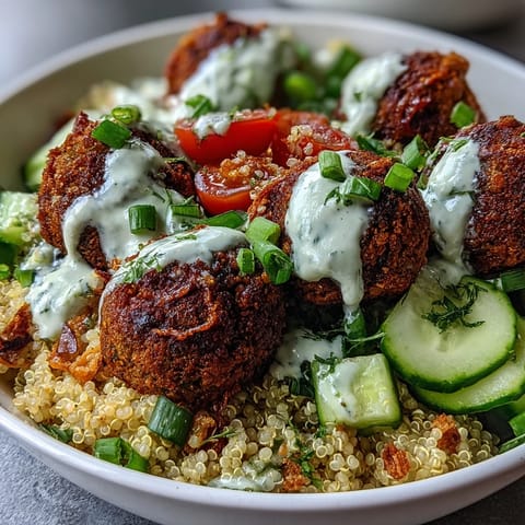 Baked falafel quinoa salad bowl features crisp chickpea patties and fresh vegetables, served with a smooth tahini dressing for a healthy, gluten-free meal.