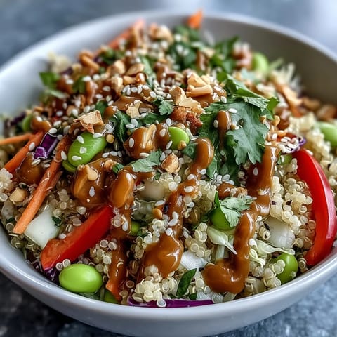 Close-up of a Thai Coconut Quinoa Bowl, highlighting colorful shredded carrots, purple cabbage, and fresh cilantro garnish.
