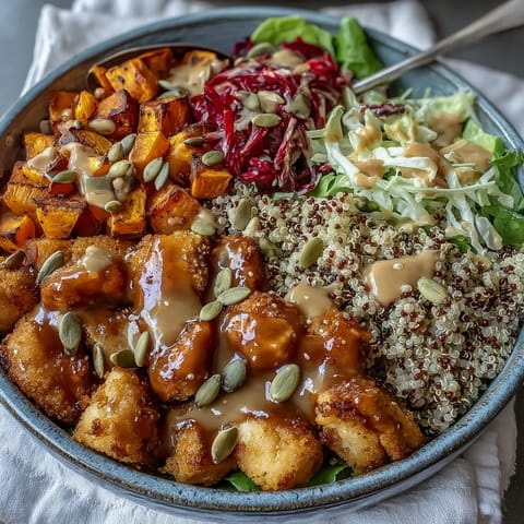 A close-up of a colorful bowl featuring golden sweet potatoes, tender chicken, and a tangy hot honey mustard dressing.
