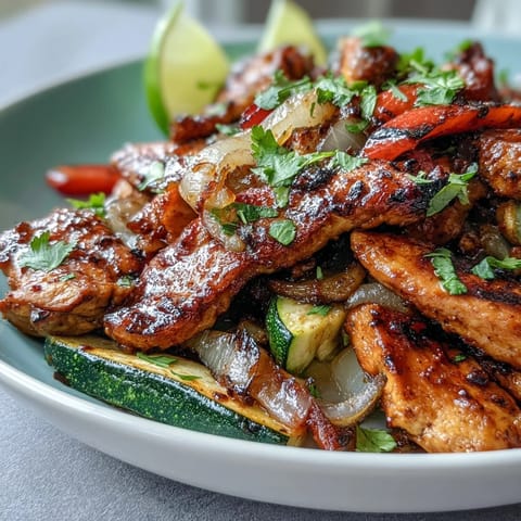 Sheet Pan Fajita Bowl featuring tender roasted chicken strips, colorful bell peppers, and onions nestled in fluffy cauliflower rice.  