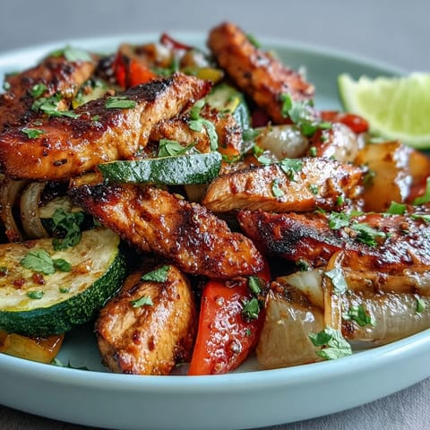 A close-up of a vibrant Sheet Pan Fajita Bowl topped with creamy avocado slices, fresh cilantro, and a wedge of lime.  