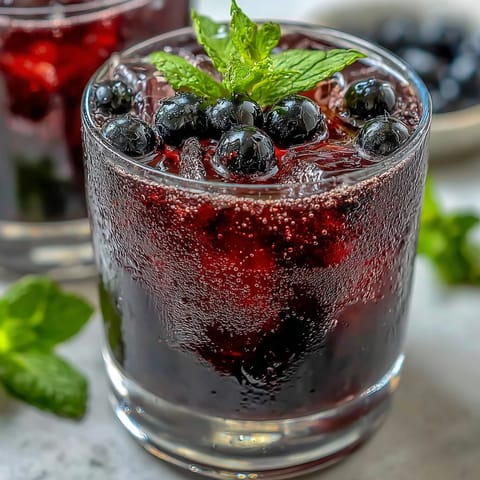 A creamy Black Currant It Berry Celebration Drink smoothie sits beside fresh black currants and sliced banana on a rustic table.