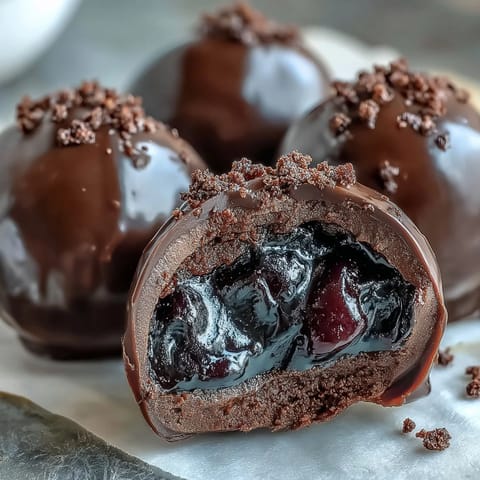 Savory Black Currant Chocolate Truffles with a tart ganache center served elegantly on a white ceramic plate.