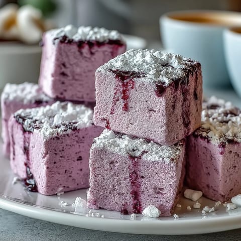 Perfectly pillowy Black Currant Marshmallows dusted with sweet powder, ideal for gourmet s'mores or floating in a cup of hot cocoa.