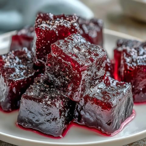 Freshly set Black Currant Gummies cut into squares, showing their deep jewel-toned color. 