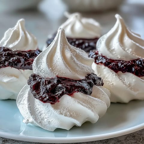 A close-up of Black Currant Meringues showing their crisp texture and a vibrant purple swirl on a rustic wooden table.