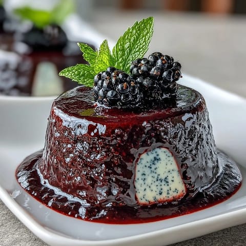Black Currant Panna Cotta, featuring a creamy pale purple custard with a glossy berry glaze and fresh berries on top.