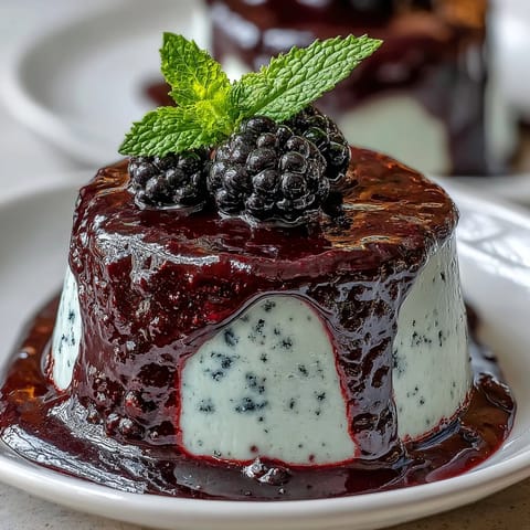 Silky Black Currant Panna Cotta served in a clear glass dish, garnished with a spoon and vibrant black currants.