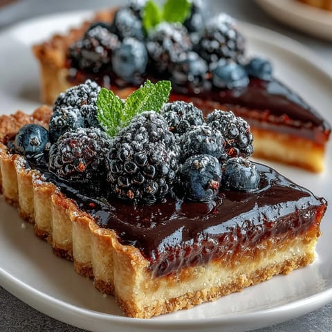 A close-up view of a classic French Black Currant Fruit Tart with a crisp buttery crust and glossy berry topping.