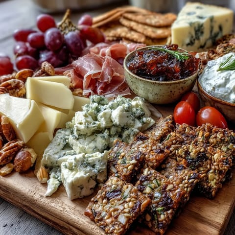 A vibrant charcuterie board with cured meats, cheeses, dips, and crackers for a housewarming celebration.  
