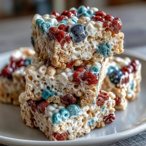 Festive red, white, and blue Rice Krispies treats with vibrant layers, perfect for your Fourth of July celebration.