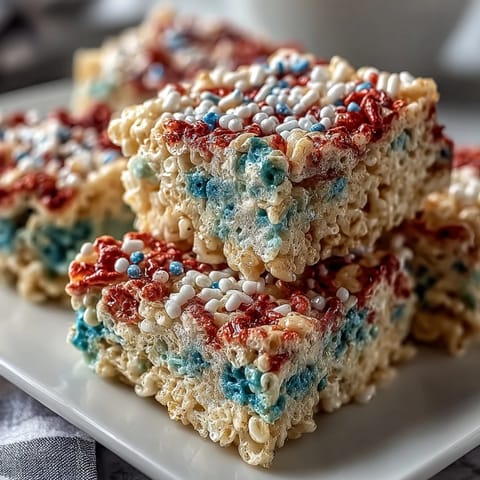 Chewy, colorful patriotic Rice Krispies squares featuring bold red, white, and blue hues—ideal for Independence Day gatherings.