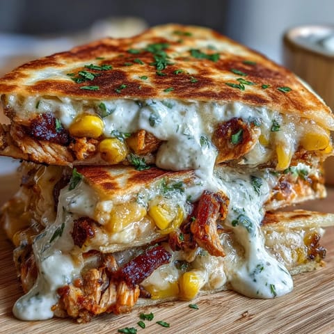 Crispy Cinco de Mayo street corn quesadilla with roasted corn, melted cheese, and smoky chipotle crema drizzle.