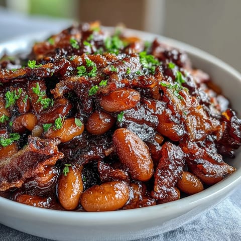 Golden baked beans with crispy bacon, sweet brown sugar, and smoky paprika, perfect for summer BBQs and cookouts.