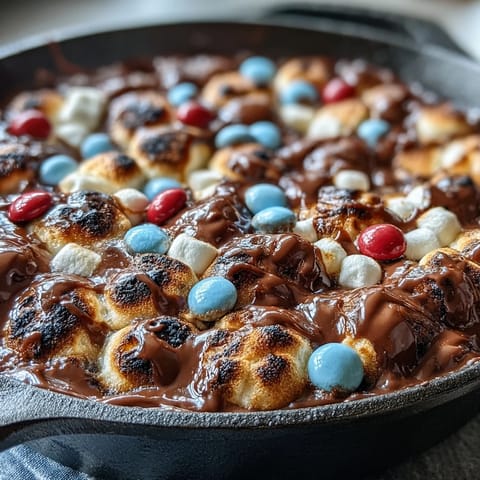 Festive 4th of July s'mores dip bubbling with melted chocolate and golden marshmallows in a cast iron skillet.