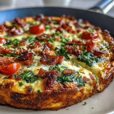 Savory One-Pan Ham and Swiss Frittata with melted cheese and tender vegetables baked to golden perfection.