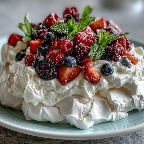 Beautiful pavlova with fresh berries and cream, a crisp meringue base topped with luscious whipped topping and vibrant spring fruit medley.