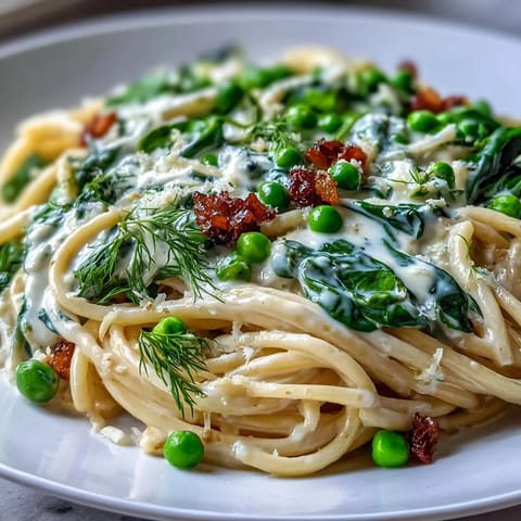 Creamy lemon pasta with fresh peas and spinach, a bright and comforting spring main dish.