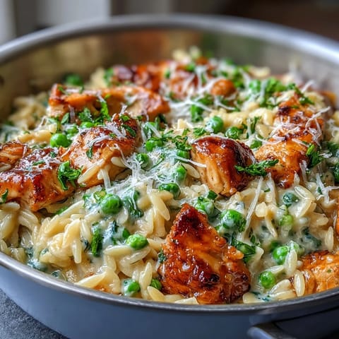 One-Pot Lemon Orzo with Chicken and Peas—a comforting Mediterranean-inspired dinner with buttery orzo, juicy chicken, and vibrant lemon flavor.