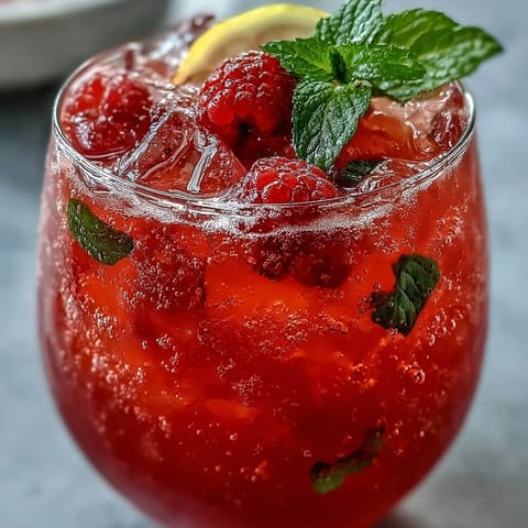 Vibrant raspberry lemon spritz mocktail with fresh berries, lemon slices, and sparkling water in a clear glass.