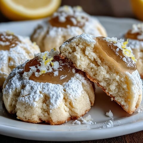 Close-up of frosted lemon bar cookies dusted with powdered sugar, ready to enjoy sweet and tart.