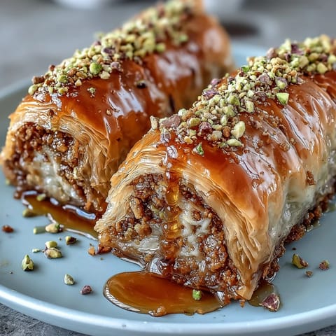 Crispy Pistachio Baklava Rolls glistening with orange blossom syrup, ready to enjoy.