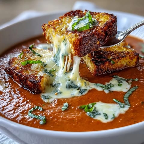 Velvety Creamy Tomato Basil Soup with Golden Grilled Cheese Croutons.