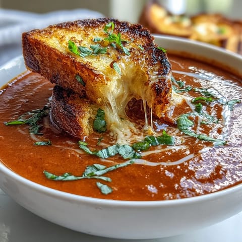 Heartwarming Creamy Tomato Basil Soup with Savory Grilled Cheese Croutons.