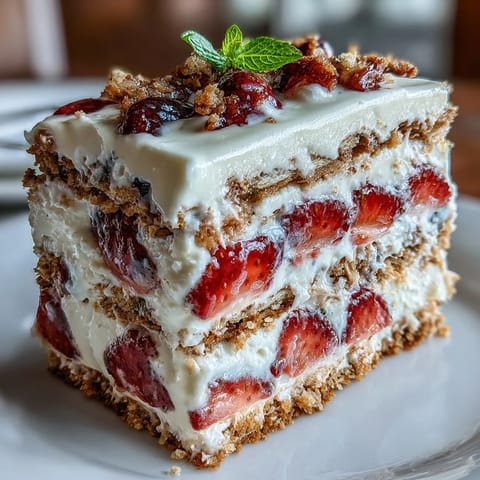 Memorial Day No-Bake Icebox Cake showcasing vibrant strawberries and creamy layers.