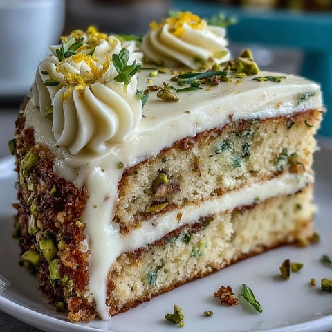 Vibrant Spring Birthday Lemon Pistachio Layered Cake, artfully adorned with crunchy nuts.