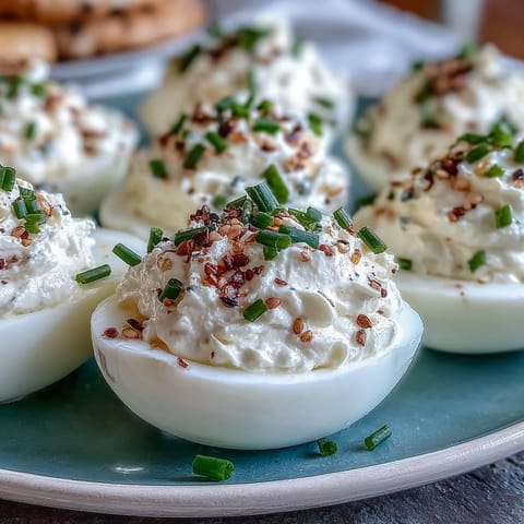 Everything Bagel Deviled Eggs with Cream Cheese, topped with savory seasoning.