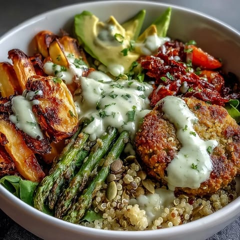 Vibrant Spring Buddha Bowl with crispy falafel and zesty tahini dressing topping.