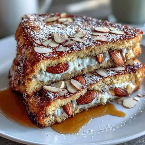 Golden Almond Croissant French Toast stacked high, dusted with powdered sugar.