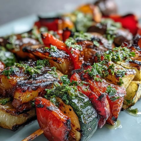 Vibrant grilled veggie kabobs with chimichurri sauce, bursting with smoky flavor.