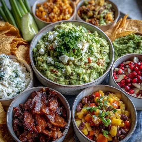 Festive guacamole bar setup for parties, showcasing colorful fresh toppings.