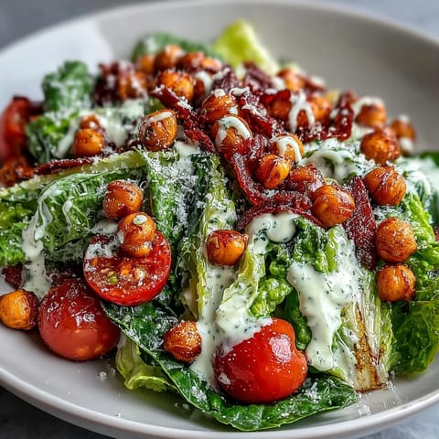 This vibrant Vegan Caesar Salad features creamy dressing and satisfying chickpea croutons.