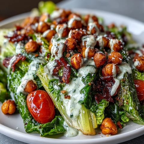 Classic Vegan Caesar Salad with crispy chickpea croutons, ready to serve.