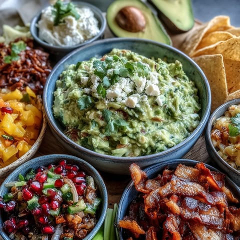Beautifully arranged guacamole bar with five vibrant Mexican-inspired toppings.