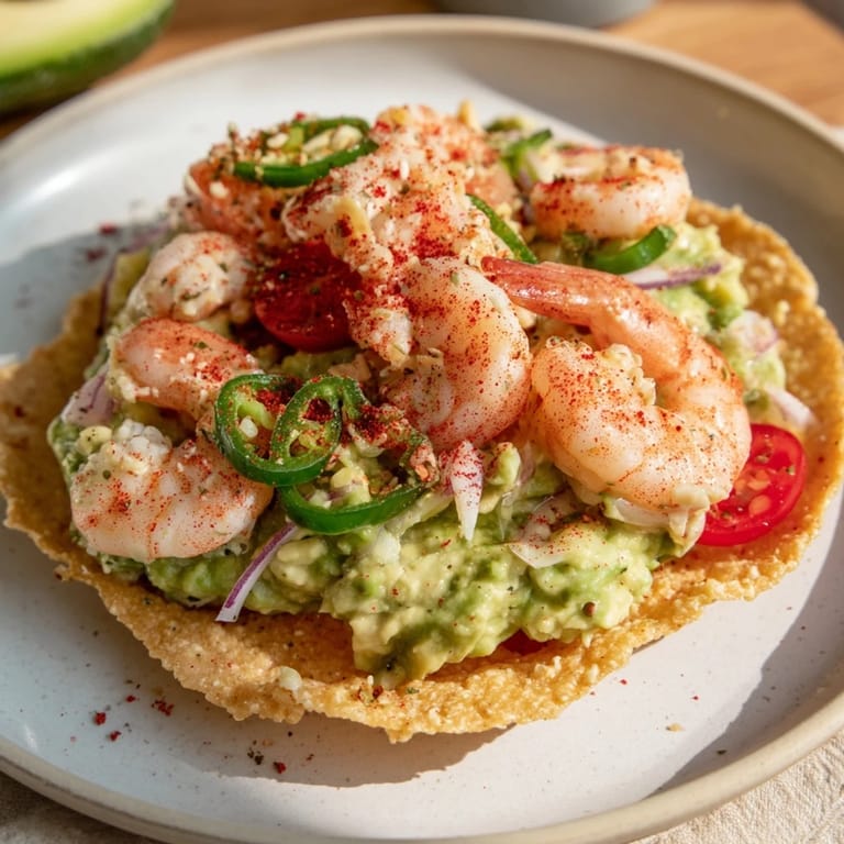 Enjoy flavorful Quick Shrimp and Avocado Tostadas: crispy tostadas stacked with spicy shrimp and creamy avocado.