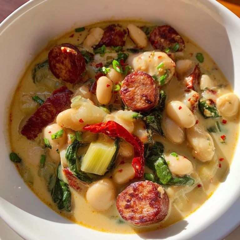 A steaming bowl of one-pot sausage and white bean stew, garnished and ready to eat this hearty meal.