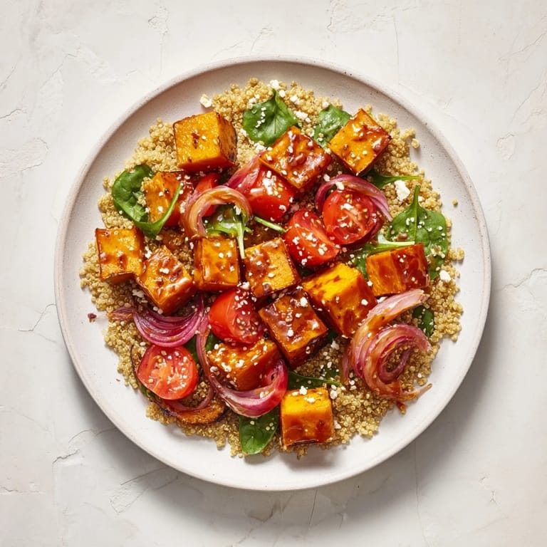 A tempting overhead view of a Golden Honey-Roasted Butternut Squash Bowl, drizzled with honey-lime.