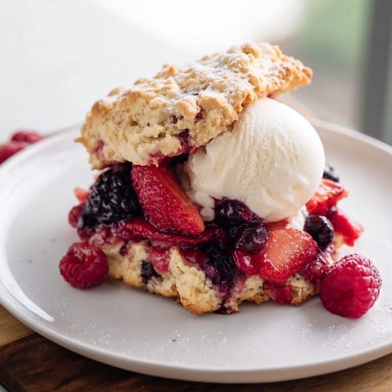 A close-up of a delicious Rustic Summer Berry Cobbler with a scoop of creamy vanilla.