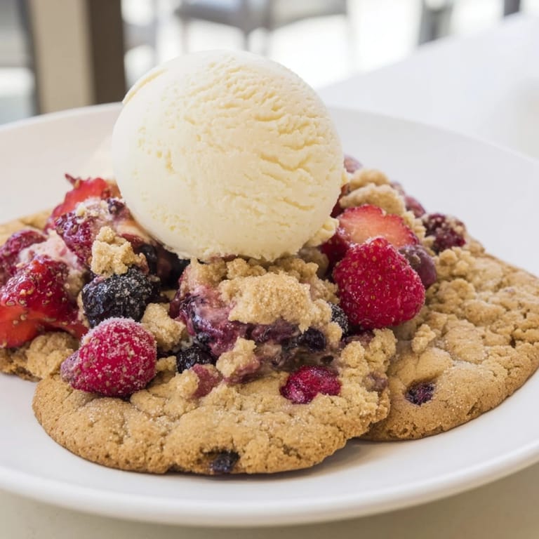 Warm Rustic Summer Berry Cobbler, fresh from the oven, served with melting vanilla ice cream.