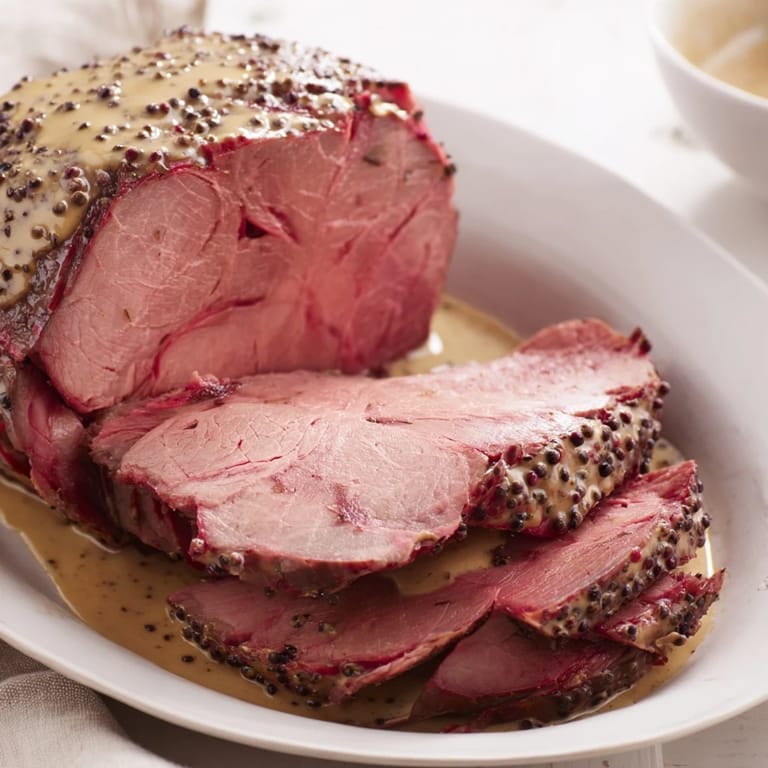 A close-up of tender Slow-Cooked Honey Glazed Ham showing off its caramelized, beautiful honey glaze.