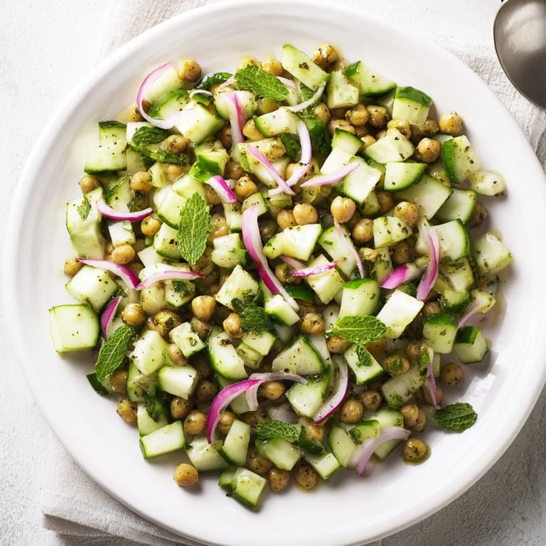 Hearty fresh cucumber and chickpea salad, vibrant with tomatoes and seasoned with lemon and mint.