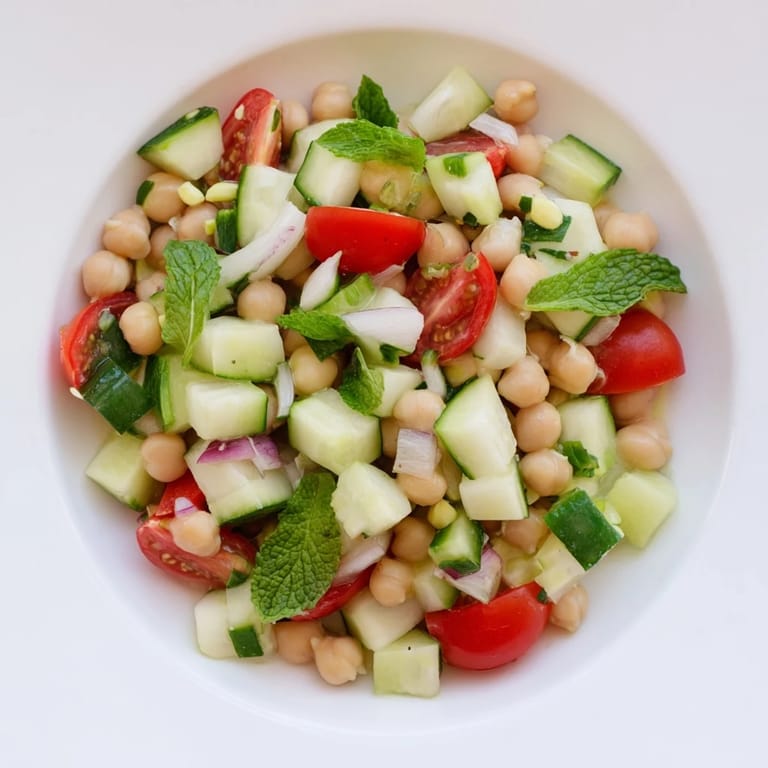 Bright, flavorful fresh cucumber and chickpea salad, tossed with lemon mint dressing, ready to eat.